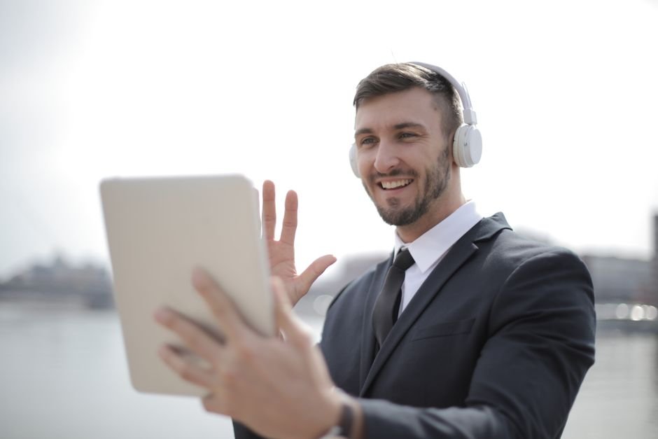 online psychiatrist: Person video call headphones